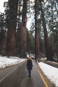 Rear view of woman walking on road