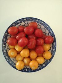 High angle view of tomatoes in bowl on table