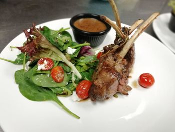 High angle view of food in plate on table