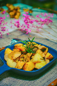 Close-up of fresh vegetables in plate on table