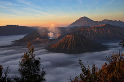 Mount bromo volcano in east java, indonesia. smoke coming out of the crater