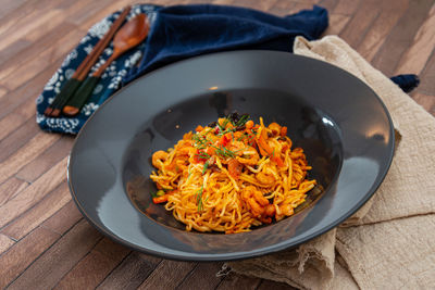 High angle view of noodles in bowl on table