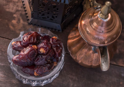 High angle view of fruits in container on table