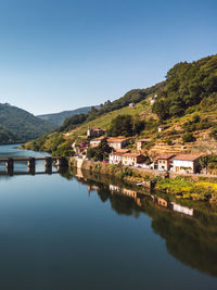 Aerial view drone of the port of belesar in ribeira sacra, galicia - spain