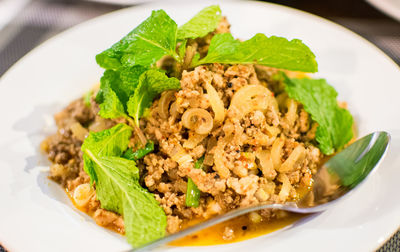 Close-up of food in plate on table