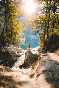 Woman standing on rocks in forest