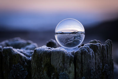 Close-up of crystal ball with reflection during winter