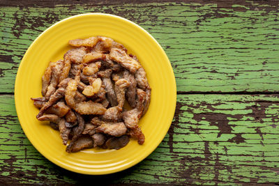 High angle view of food in plate on table