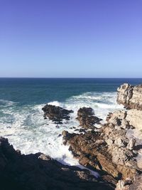 Scenic view of sea against clear blue sky