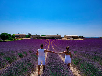 Rear view of people holding hands while standing by flowering plants against blue sky