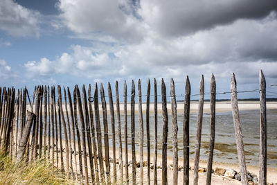 Wooden fence on field against sky