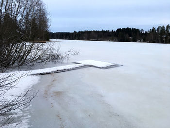 Scenic view of snow covered field against sky