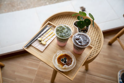 High angle view of desserts on table