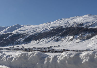 Scenic view of snowcapped mountains against clear sky