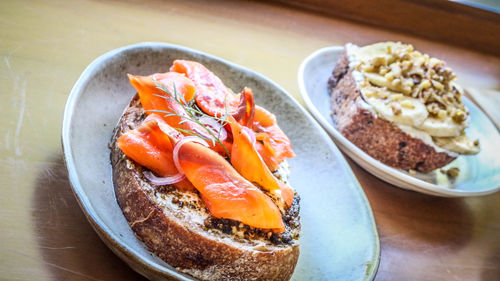 High angle view of breakfast in plate on table
