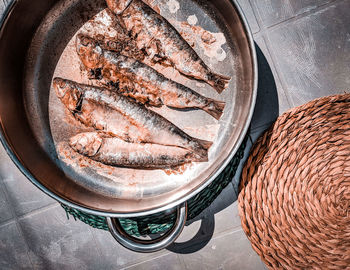 High angle view of fish in basket