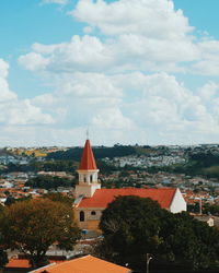 High angle view of townscape against sky in city