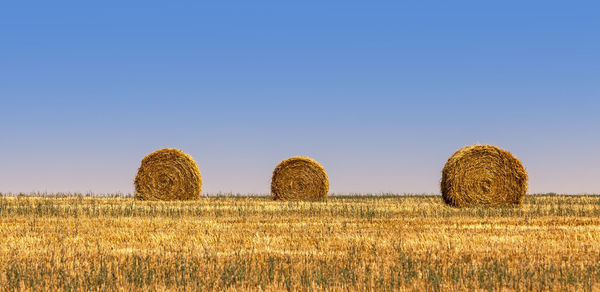 Hay bales on field against clear sky