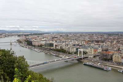 Aerial view of budapest skyline and elisabeth bridge.