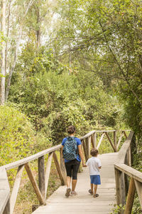 Rear view of women walking on footbridge