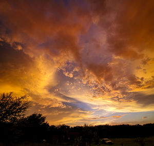 Silhouette trees on field against orange sky