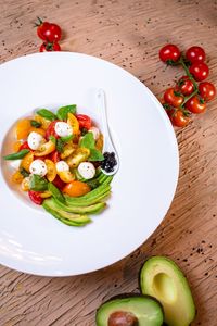 High angle view of food in plate on table