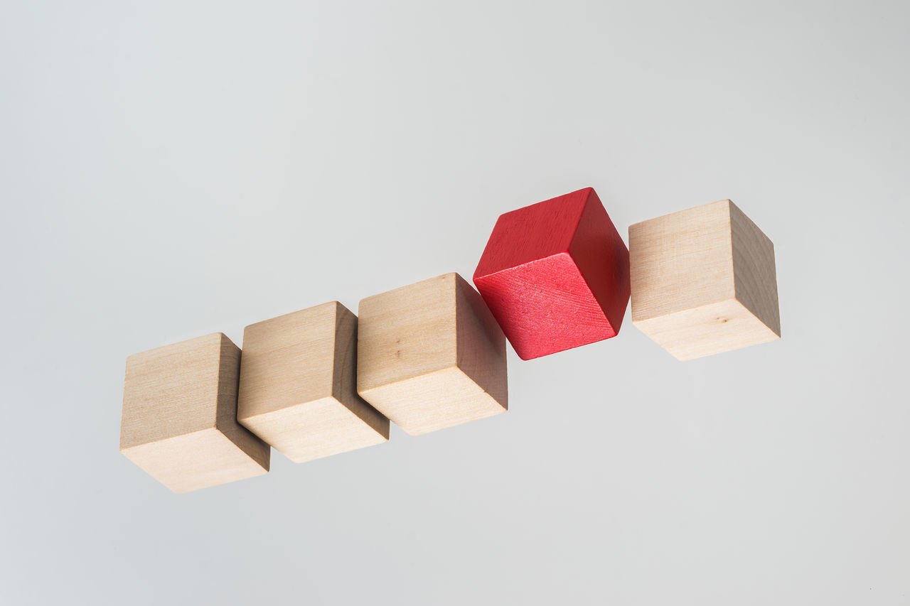 Cube, wooden, wood, float, zero gravity, fly, abstract, geometric, geometry, block, cubic, business, concept, create, design, idea, object, progress, creativity, minimalism, simplicity, simple, square, isolated on white background, no 3D render, connectio