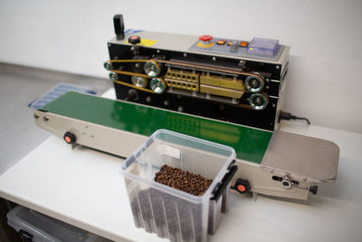 High angle view of machinery on table