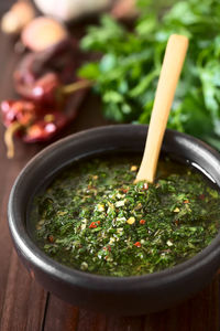 High angle view of chopped vegetables in bowl on table