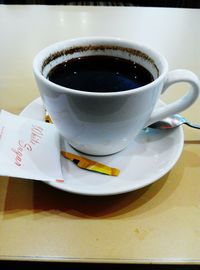 Close-up of coffee cup on table