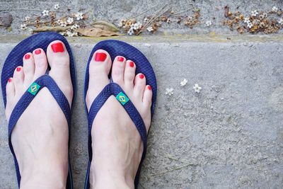 Low section of woman wearing flip-flops on footpath