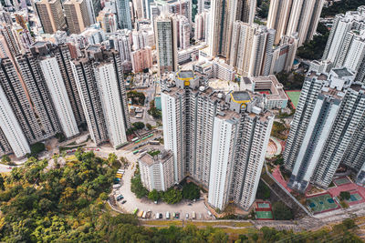 High angle view of modern buildings in city