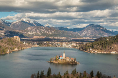 Scenic view of lake and mountains against sky