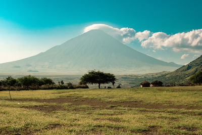 Scenic view of mount ol doinyo lengai against a blue sky in ngorongoro conservation area, tanzania
