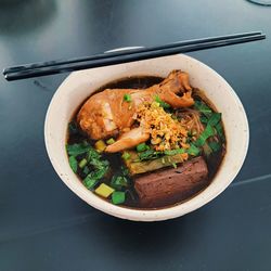 High angle view of food in bowl on table