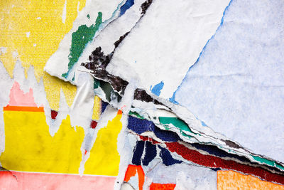 Close-up of torn posters on wall