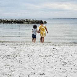 Rear view of friends on beach against sky