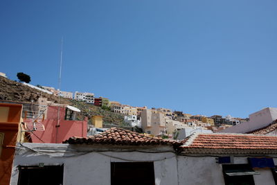 Low angle view of buildings against blue sky