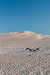 Scenic view of sand dunes against clear blue sky