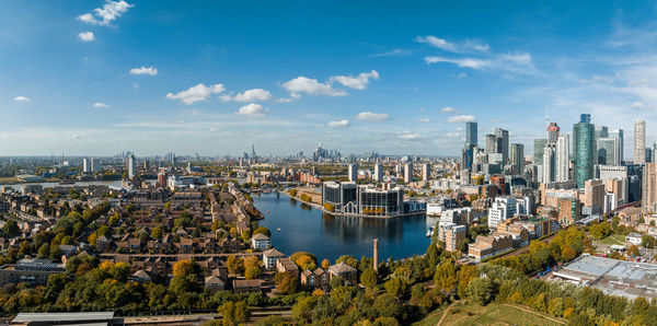 Aerial panoramic skyline view of canary wharf, the worlds leading financial district in london, uk.