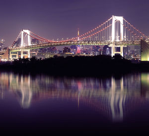 Illuminated suspension bridge over river at night