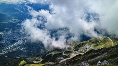 High angle view of majestic mountains against sky