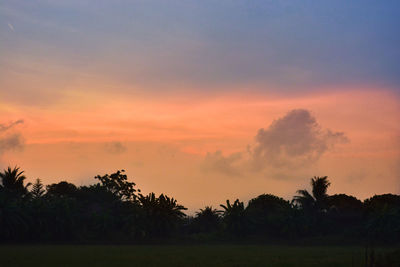 Silhouette trees on field against romantic sky at sunset