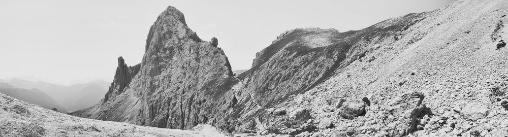 Panoramic view of rocky mountains against clear sky