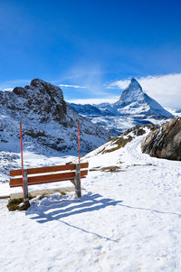 Scenic view of snow covered mountains against sky