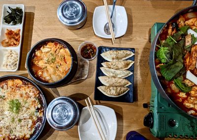 High angle view of food served on table