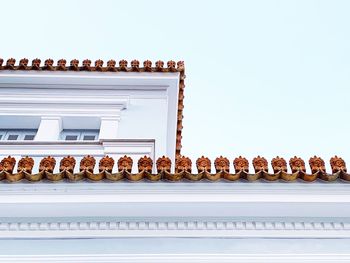 Low angle view of glass building against clear sky