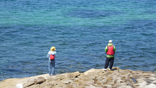 Rear view of friends standing on beach