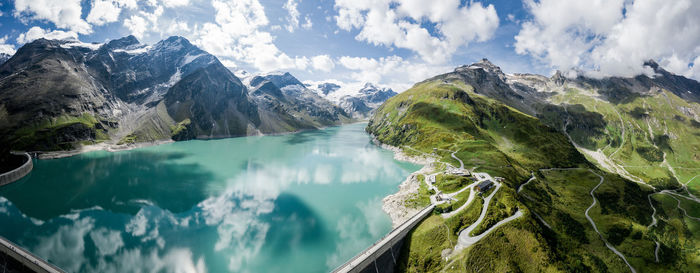 Aerial image of kaprun high mountain reservoirs and dam wall, salzburg, austria