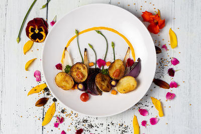 High angle view of food in plate on table